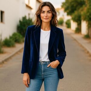 VINTAGE Finity Naturals Elegant Oversized Blue Velvet Women's Blazer Size XS